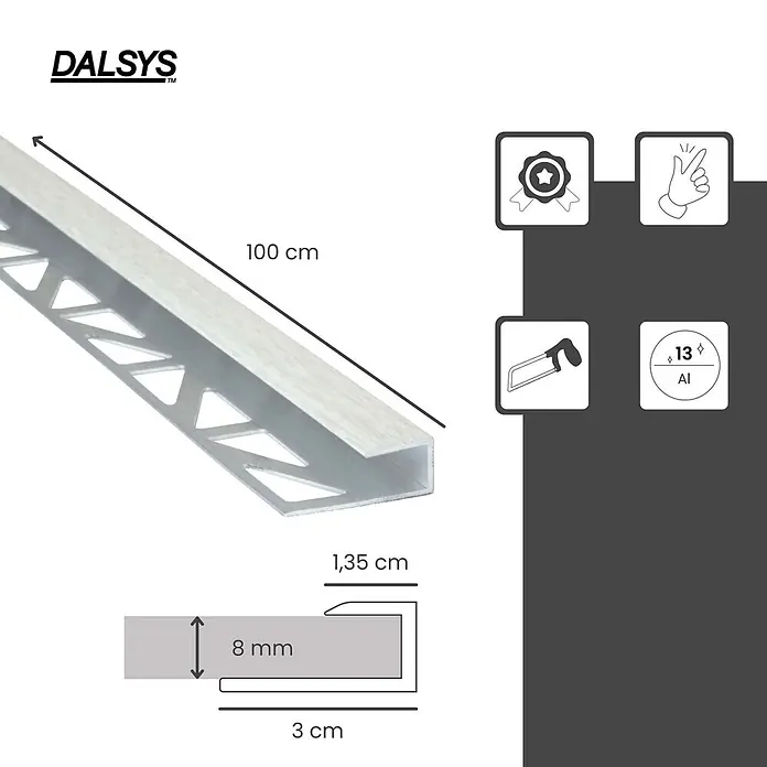 Dalsys Abschlussleiste 100cm Abschlussprofil Land-Eiche -  - Silbernes Aluminium-Fliesenabschlussprofil, 100cm lang, 8mm Innenhöhe, zur Fliesenrandgestaltung.