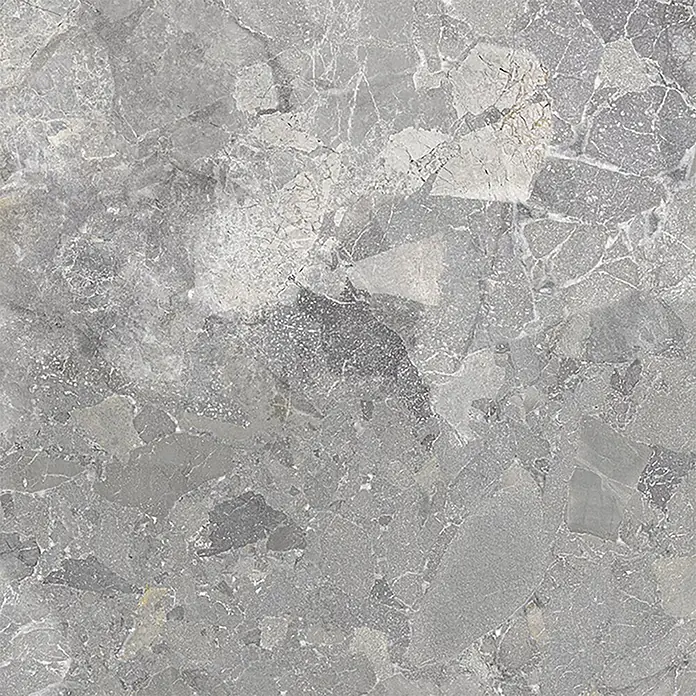Feinsteinzeugfliese Monte - 60 x 60 cm, Grigio, Matt - Graue Marmor-Optik Fliese mit unregelmäßigen hellen und dunklen Mustern und Maserungen.