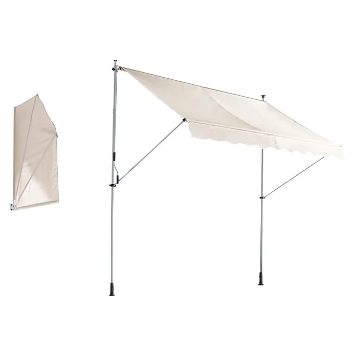 Sunfun Klemmmarkise - Beige, Breite: 3 m, Ausfall: 1,3 m - Cremefarbene Outdoor-Markise, gefaltet und ausgefahren dargestellt, mit Metallstützstangen.