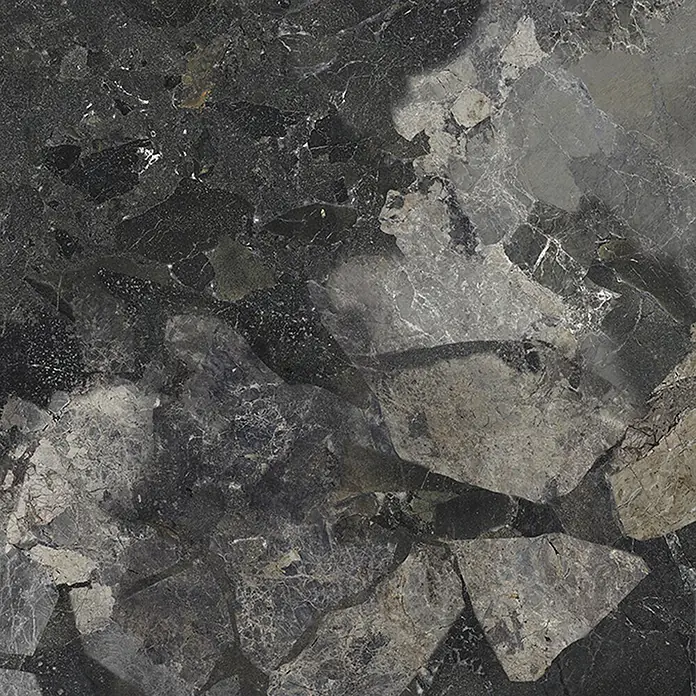 Feinsteinzeugfliese Monte - 60 x 60 cm, Nero, Matt - Dunkelgrauer Naturstein mit unregelmäßigen schwarzen, grauen und weißen Mustern.