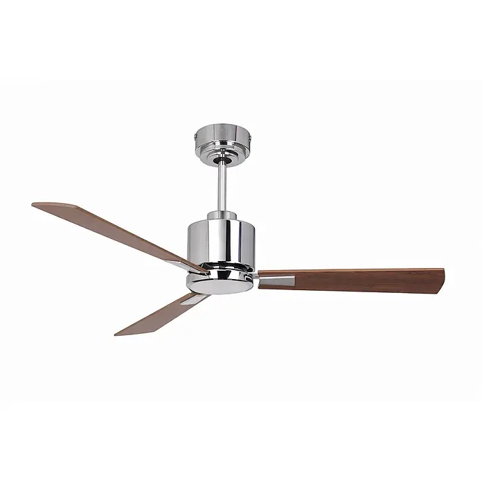 Vam Deckenventilator Energiespar Deckenventilator FACTORY chrome 90 cm Teak-Rosenholz - TEAK-ROSENHOLZ, 900 mm, 31 W - Dreiflügeliger Deckenventilator mit Chrom-Motorgehäuse und braunen Holzmaserungsflügeln.