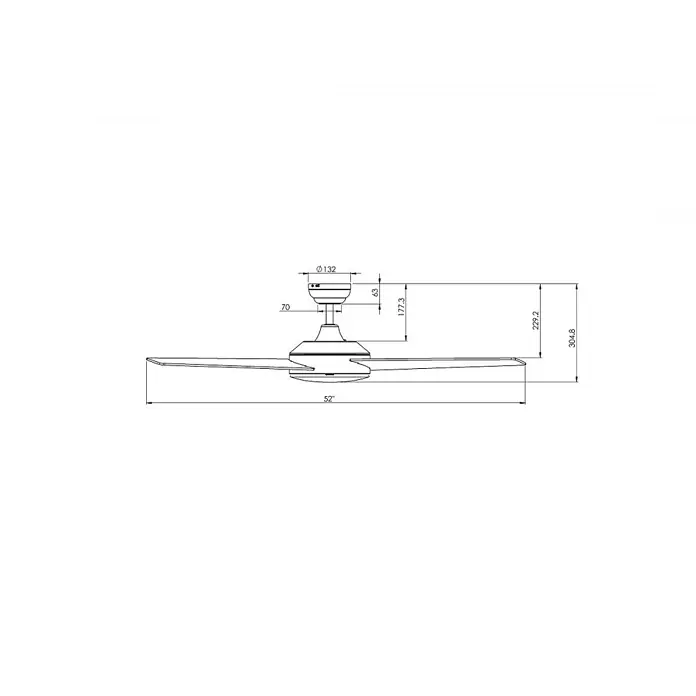 Vam Deckenventilator VEGA chrom 132 cm - weiß-Eiche, 1.320 mm, 46 W - Technische Zeichnung eines modernen Deckenventilators mit Flügeln und detaillierten Abmessungen, die seine Größe und Struktur zeigen.