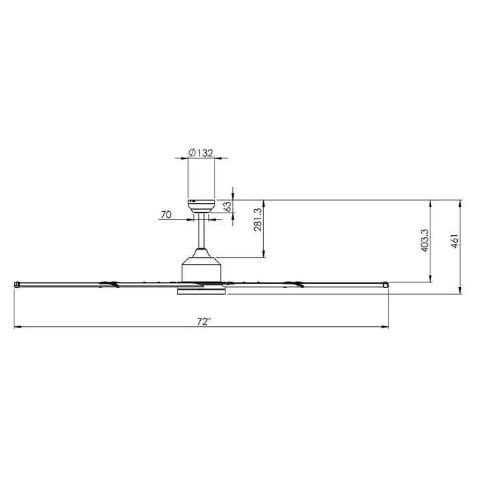 Vam Deckenventilator Energiespar Deckenventilator THE BIG 180 cm graphit - Graphit, 1.830 mm, 47 W - Technische Zeichnung eines Deckenventilators mit Abmessungen: 72 Zoll Blattspannweite, 461 mm Gesamthöhe, 132 mm Baldachindurchmesser.