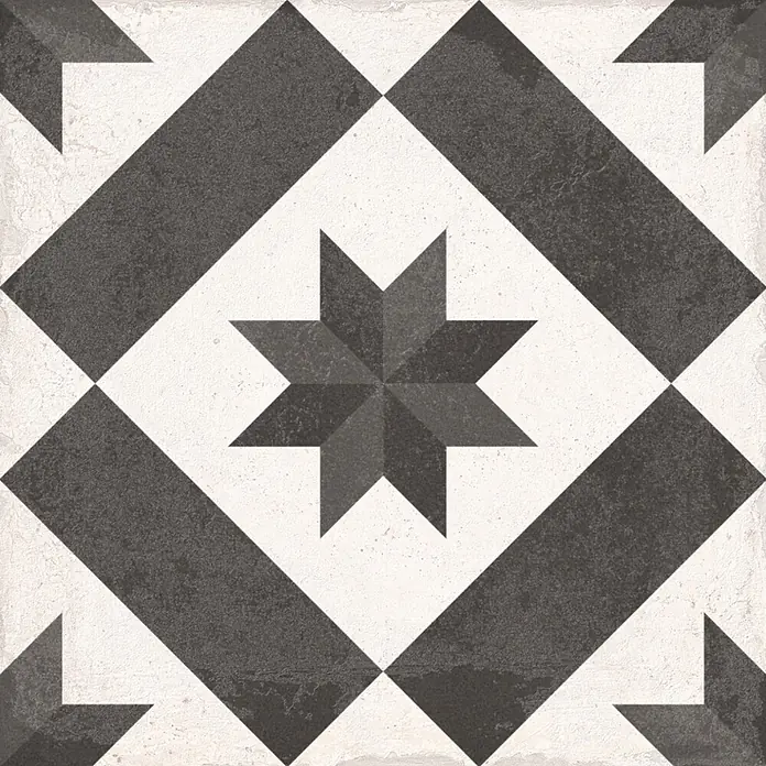 Feinsteinzeugfliese Chez Coco - 24,8 x 24,8 cm, Star, Matt - Geometrische Fliese in gealtertem Schwarz-Weiß mit achtzackigem Stern- und Rautenmuster.