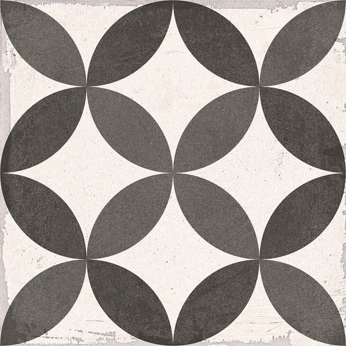 Feinsteinzeugfliese Chez Coco - 24,8 x 24,8 cm, Arch, Matt - Fliese mit geometrischem Muster aus überlappenden dunkelgrauen Ovalen auf cremefarbenem Grund mit Used-Optik.