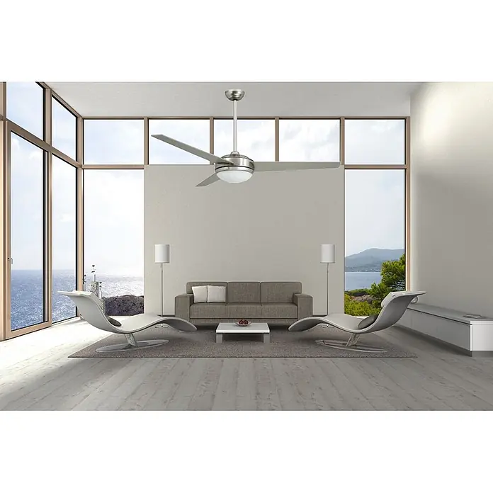 Vam Deckenventilator VEGALIGHT silber 132 cm - silber-Wengé, 1.320 mm, 46 W - Moderner silberner Deckenventilator mit drei Flügeln und integrierter Leuchte im Wohnzimmer.