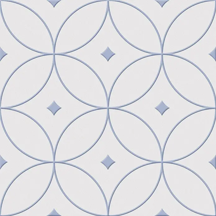 Feinsteinzeugfliese Alhambra - 24,8 x 24,8 cm, Azurl, Matt - Weiße Zierfliesen mit geprägtem hellblauem geometrischem Muster aus verschlungenen Kreisen und Rauten.