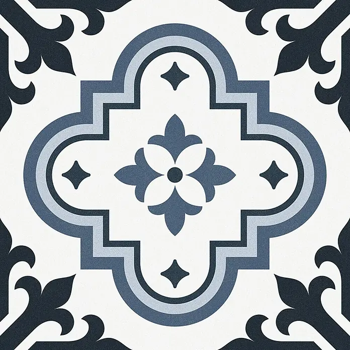 Feinsteinzeugfliese Paris - 24,8 x 24,8 cm, Rivoli, Matt - Eine dekorative Keramikfliese mit einem symmetrischen weiß-blauen Muster aus floralen und geometrischen Motiven, geeignet für Böden oder Wände.