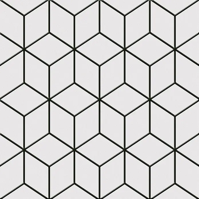 Feinsteinzeugfliese Alhambra - 24,8 x 24,8 cm, Negro, Matt - Geometrisches Muster aus weißen Isometrie-Würfeln mit schwarzen Umrandungen.
