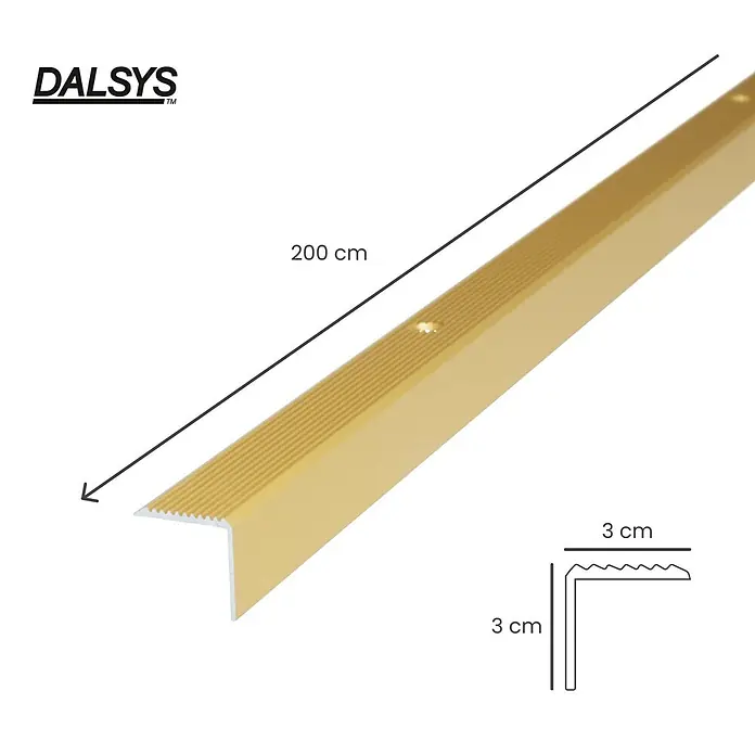 Dalsys Abschlussleiste 200cm Treppenkantenprofil 30mm x 30mm Treppenwinkel Gold -  - Goldfarbenes DALSYS Treppenkantenprofil, 200 cm lang, mit rutschfesten Rillen. 3x3 cm L-Profil.