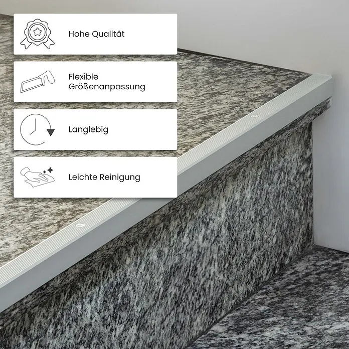 Dalsys Abschlussleiste 200cm Treppenkantenprofil 30mm x 30mm Treppenwinkel Gold -  - Silberfarbenes Aluminium-Treppenkantenprofil auf Granitoptik-Stufen montiert.