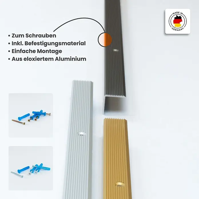 Dalsys Abschlussleiste 200cm Treppenkantenprofil 30mm x 30mm Treppenwinkel Gold -  - Eloxiertes Aluminium-Treppenprofil in Silber, Gold und Dunkelgrau, inkl. Schrauben und Dübel zur einfachen Montage.