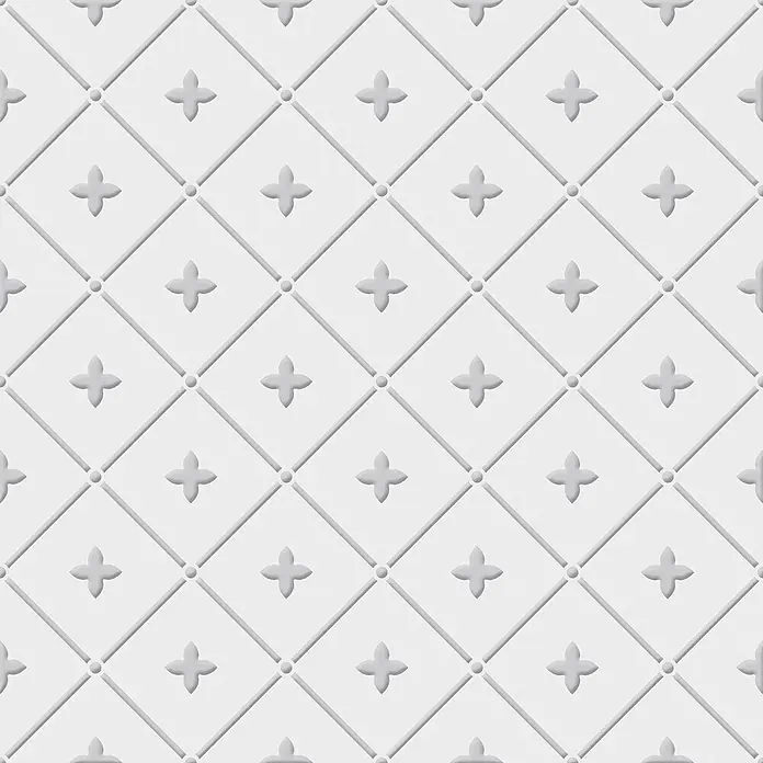 Feinsteinzeugfliese Alhambra - 24,8 x 24,8 cm, Gris, Matt - Nahtloses weißes Prägemuster mit diagonalem Gitter, kleinen Kreisen an Kreuzungen und erhabenen vierblättrigen Blüten in jedem Diamanten.