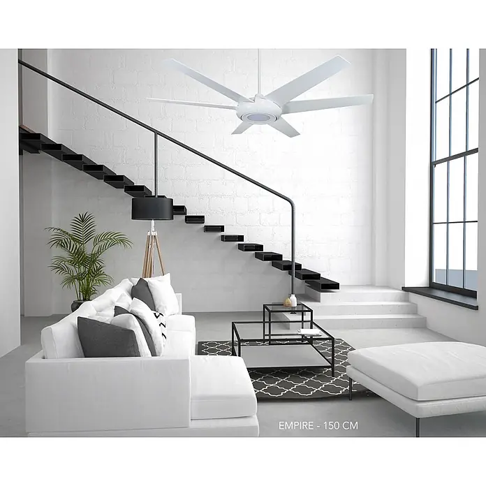 Vam Deckenventilator Energiespar Deckenventilator EMPIRE LED weiß 153 cm - Weiß, 1.530 mm, 37 W - Weißer Deckenventilator mit sechs Flügeln, installiert in einem modernen Wohnzimmer.