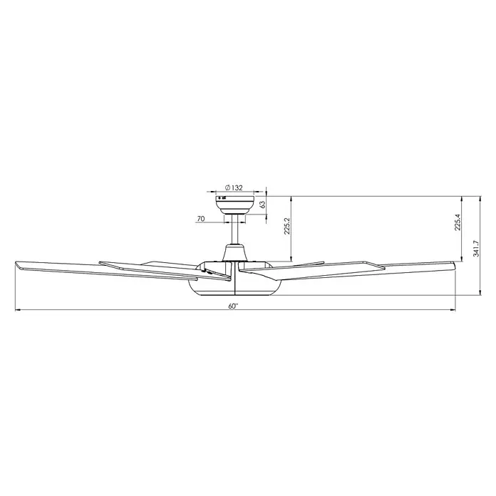 Vam Deckenventilator Energiespar Deckenventilator EMPIRE LED weiß 153 cm - Weiß, 1.530 mm, 37 W - Technische Zeichnung eines Deckenventilators mit fünf Flügeln, detaillierten Abmessungen für Durchmesser, Höhe und Stangenkomponenten.