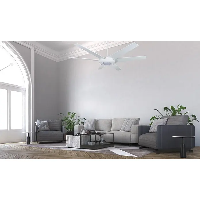 Vam Deckenventilator Energiespar Deckenventilator EMPIRE LED weiß 153 cm - Weiß, 1.530 mm, 37 W - Weißer Deckenventilator mit sechs Flügeln in einem modernen Wohnzimmer für Luftzirkulation.