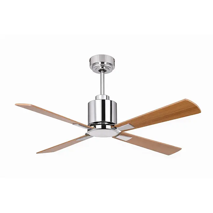 Vam Deckenventilator Energiespar Deckenventilator LUNA 112 cm chrom - WEIß-PINIE, 1.120 mm, 31 W - Moderner Deckenventilator aus Chrom mit vier hellbraunen Holzflügeln und integriertem Licht.