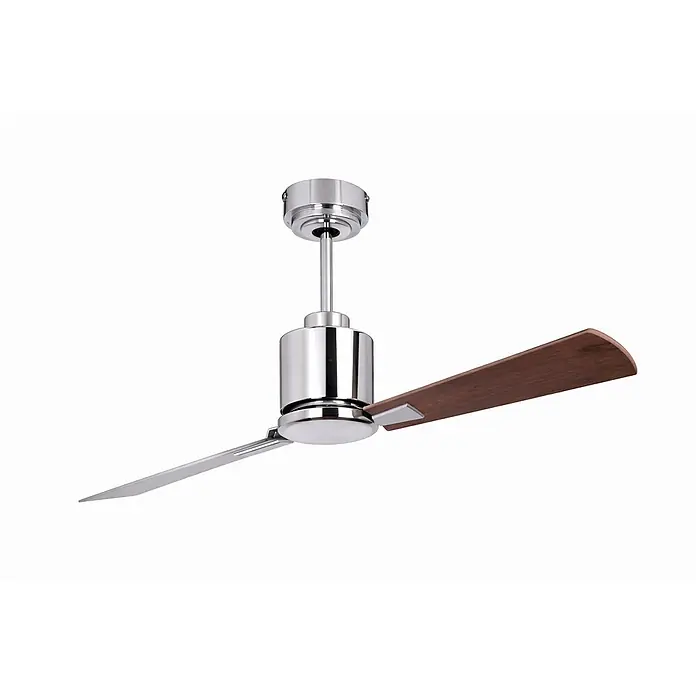 Vam Deckenventilator Energiespar Deckenventilator FACTORY chrome 112 cm Teak-Rosenholz - TEAK-ROSENHOLZ, 1.120 mm, 31 W - Moderner Deckenventilator mit Chromgehäuse, integriertem Licht und zwei sichtbaren Flügeln: einer aus dunklem Holz, einer silber.