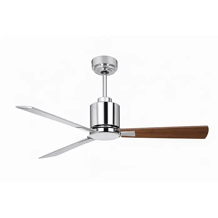 Vam Deckenventilator Energiespar Deckenventilator LUNA 112 cm chrom - WEIß-PINIE, 1.120 mm, 31 W - Moderner Deckenventilator mit Chrom-Finish, zwei silbernen und einem dunklen Holzflügel, inklusive integriertem Licht.