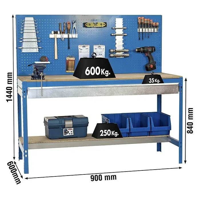 Simonrack Simonwork Werkbank BT2 Box 900 - Blau/Holz, Breite: 91 cm - Ein detailreiches Bild einer Werkbank mit Werkzeugen, belastet mit Gewichten zur Darstellung der Tragfähigkeit.