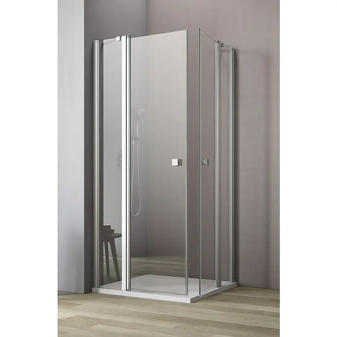 GEO Hit Eckdusche B-E200 - L x B x H: 120 x 80 x 202,2 cm, Beschichtet, Silber, Glasstärke: 6 mm - Elegante Duschkabine mit klaren Glaswänden und silbernen Beschlägen. Das moderne Design fügt sich nahtlos in jedes Badezimmer ein.