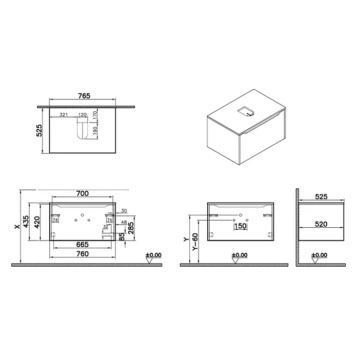 VitrA Integra Square Waschtischunterschrank Integra Square - B x T x H: 80 x 52 x 42 cm, Eiche Gold - Technische Zeichnungen eines wandmontierten Waschtischunterschranks, mit Maßen von oben, vorne und seitlich für die Installation.