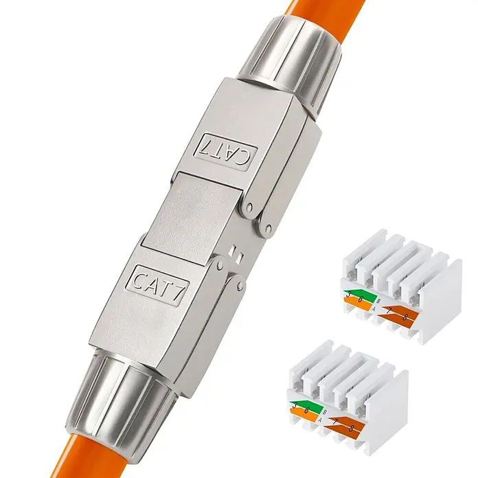 Kabelverbinder hb-digital SET RJ45 Stecker CAT 7 LSA STP - Silber, Drahtdurchmesser (isoliert): 1,35 bis 1,5 mm, Kabeldurchmesser: 6 - 7,5 mm - Silberne CAT7 Netzwerkkabel-Kupplung verbindet zwei orange Kabel, mit zwei weißen IDC-Anschlussblöcken und Schaltplänen.