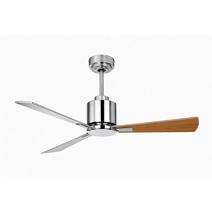 Vam Deckenventilator Energiespar Deckenventilator LUNA 112 cm chrom - WEIß-PINIE, 1.120 mm, 31 W - Moderner Deckenventilator aus Chrom mit zwei silbernen und einem hellen Holzflügel.
