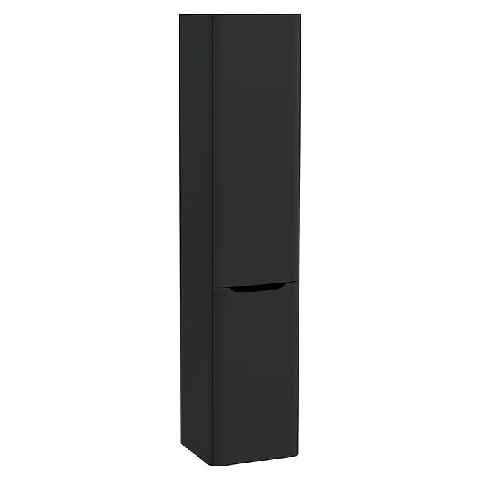 VitrA Hochschrank Integra Round - B x T x H: 40 x 37 x 180 cm, Graphit, DIN Anschlag: Rechts, Inklusive 3 Glasböden und Wäscheklappe - Dunkelgrauer Hochschrank mit zwei Sektionen, die untere Sektion hat einen integrierten Griff und abgerundete Ecken.