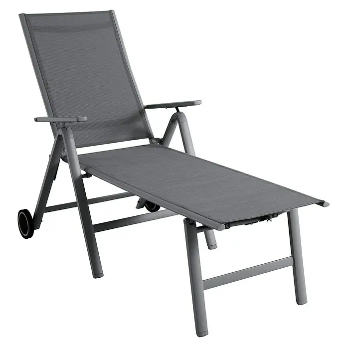 Sunfun Maja Gartenliege - L x B x H: 146 x 77 x 45 cm, Anthrazit, Metall, Rollbar - Abgebildete graue Sonnenliege mit verstellbarer Rückenlehne und Armlehnen für entspannte Stunden im Freien.