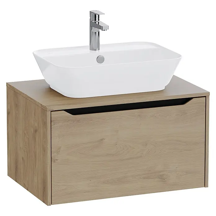 VitrA Integra Square Waschtischunterschrank Integra Square - B x T x H: 80 x 52 x 42 cm, Eiche Gold - Heller Waschtischunterschrank aus Holz mit weißem Aufsatzwaschbecken und Chromarmatur.