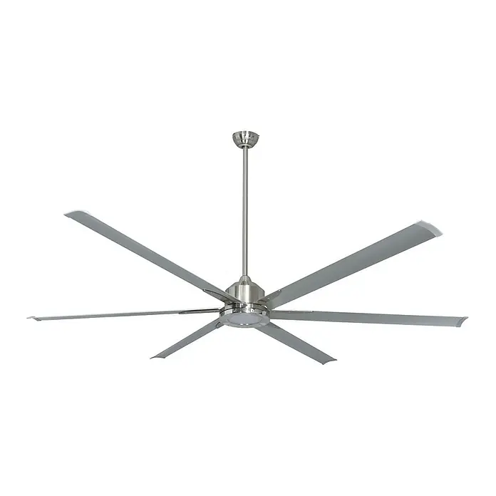 Vam Deckenventilator THE BIG 210 Nickel matt - Nickel matt, 2.130 mm, 47 W - Großer silberner Deckenventilator mit 8 grauen Flügeln und integrierter LED-Leuchte, an einer Stange hängend.