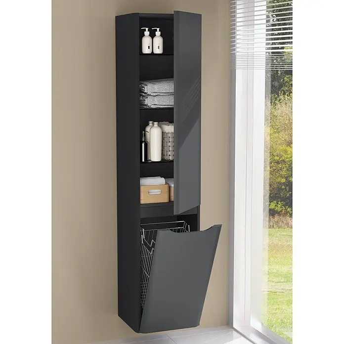 VitrA Hochschrank Integra Round - B x T x H: 40 x 37 x 180 cm, Graphit, DIN Anschlag: Rechts, Inklusive 3 Glasböden und Wäscheklappe - Hoher, dunkelgrauer Badschrank mit offenen Fächern für Pflegeprodukte und Handtücher, sowie einem ausklappbaren Wäschekorb.