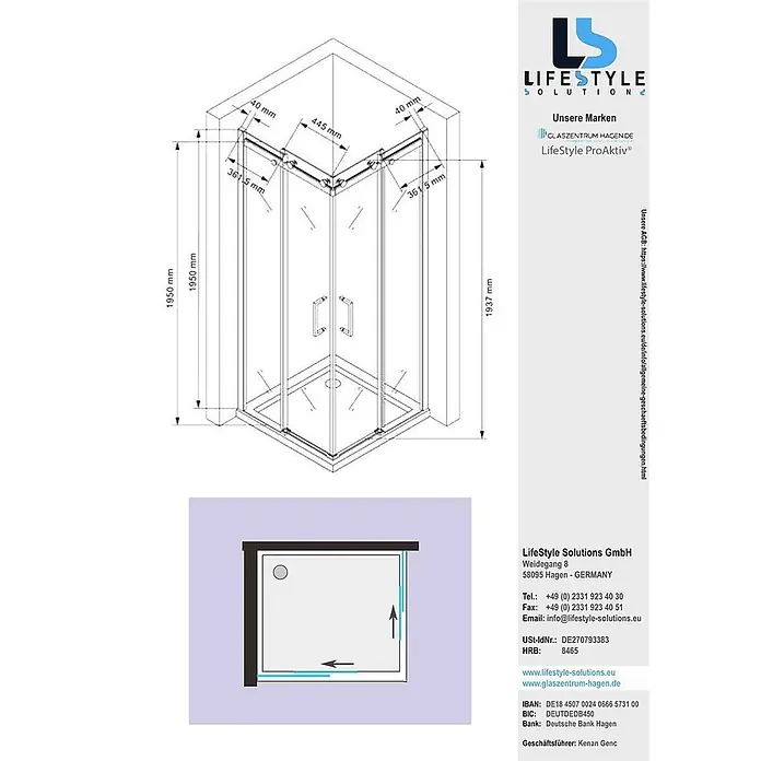 Glaszentrum Hagen Eckdusche 90x90x195 cm Artemis EckDusche Slide-Tür inkl. Tasse - 90 x 90 x 195 cm, Imprägniert, Farblos, Stärke: 8 mm - Technische Zeichnung einer transparenten Glas-Duschkabine mit Scharniertüren und Maßangaben für Eckmontage.