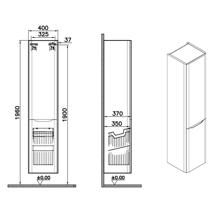 VitrA Hochschrank Integra Round - B x T x H: 40 x 37 x 180 cm, Graphit, DIN Anschlag: Rechts, Inklusive 3 Glasböden und Wäscheklappe - Technische Zeichnung eines integrierten Kühlschranks mit Vorder-, Seiten- und isometrischen Ansichten und Maßen.