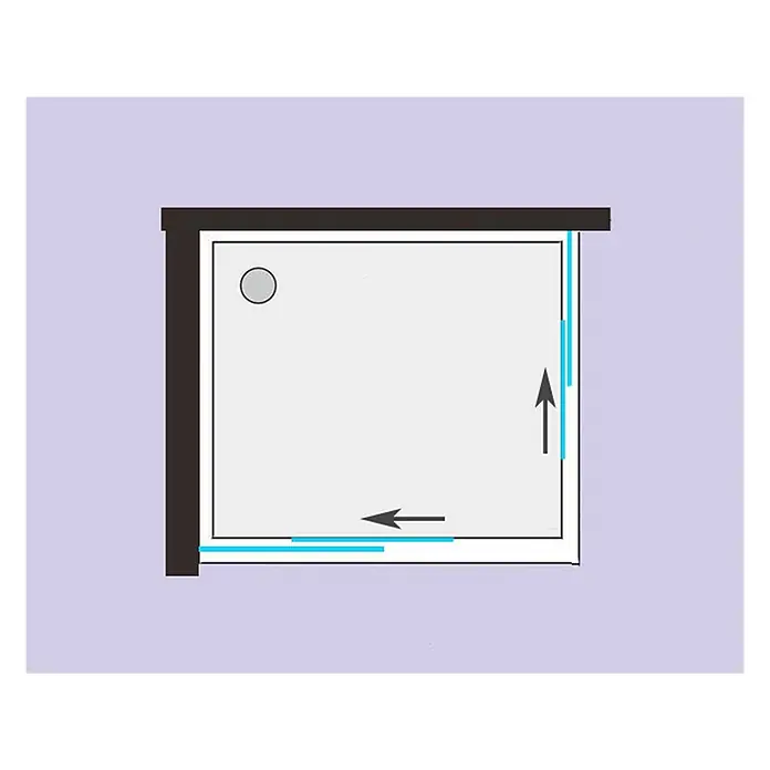 Glaszentrum Hagen Eckdusche 90x90x195 cm Artemis EckDusche Slide-Tür inkl. Tasse - 90 x 90 x 195 cm, Imprägniert, Farblos, Stärke: 8 mm - Draufsicht auf eine quadratische Duschkabine mit dunklem Rahmen. Blaue Linien und Pfeile zeigen Wasserfluss oder Abdichtung.