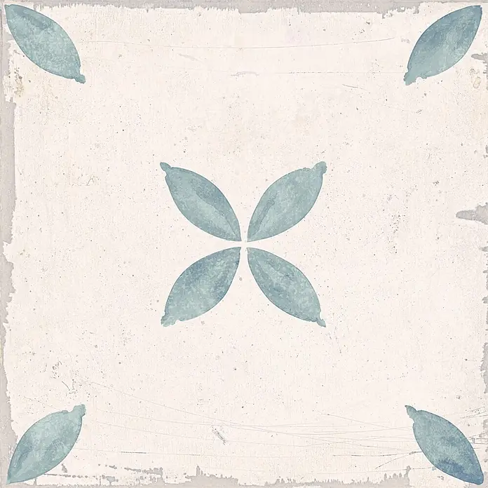 Feinsteinzeugfliese Sofia - 24,8 x 24,8 cm, Marina, Matt - Quadratische, cremefarbene Dekofliese mit Vintage-Effekt und blau-grünem Blattmuster in Mitte und Ecken.