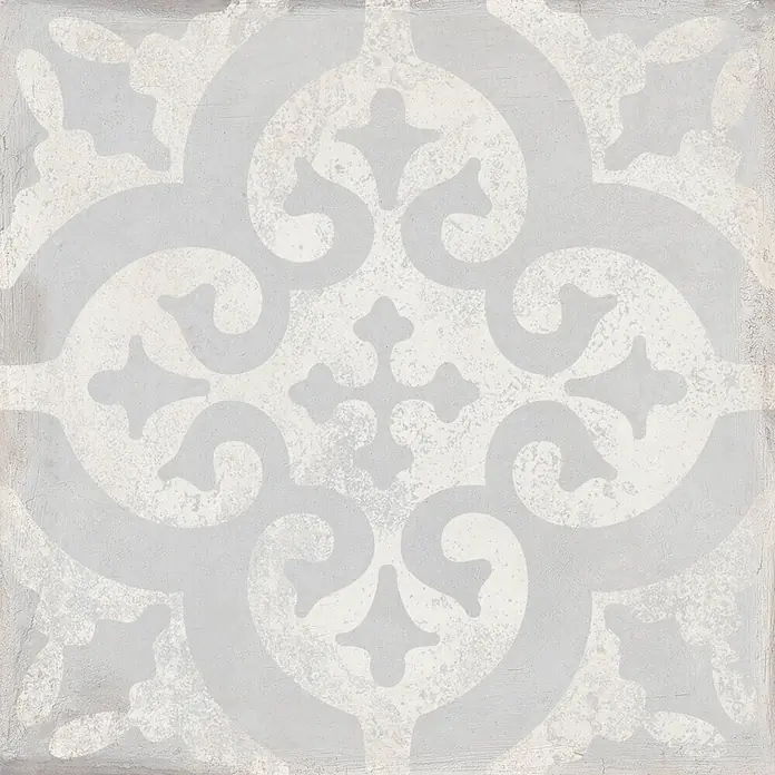 Feinsteinzeugfliese Triana - 24,8 x 24,8 cm, Flor Gris, Matt - Hellegraue Dekorfliese mit ornamentiertem, antikisiertem Off-White-Muster.