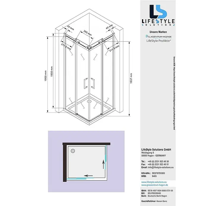 Glaszentrum Hagen Eckdusche 80x80x195 cm Artemis EckDusche Slide-Tür inkl. Tasse - 80 x 80 x 195 cm, Imprägniert, Farblos, Stärke: 8 mm - Technische Zeichnung einer Eckduschkabine mit Schiebetüren und Maßen.