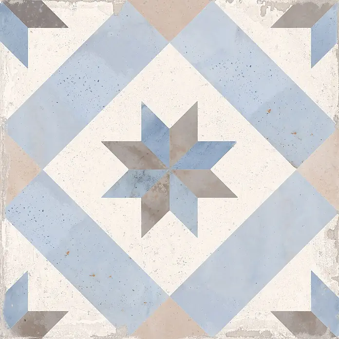 Feinsteinzeugfliese Vichy - 24,8 x 24,8 cm, Mar, Matt - Strukturierte Fliese mit geometrischem Stern- und Diagonalmuster in Blau, Beige und Cremeweiß.