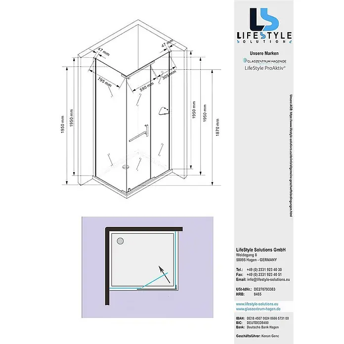 Glaszentrum Hagen Eckdusche 100x90x195 cm - Hephaistos "Frost" Duschkabine - mit Duschwanne - 90 x 100 x 195 cm, Imprägniert, Weiß, Stärke: 8 mm - Technischer Plan einer Eckduschkabine mit detaillierten Maßen, mit Drehtür und fester Seitenwand.