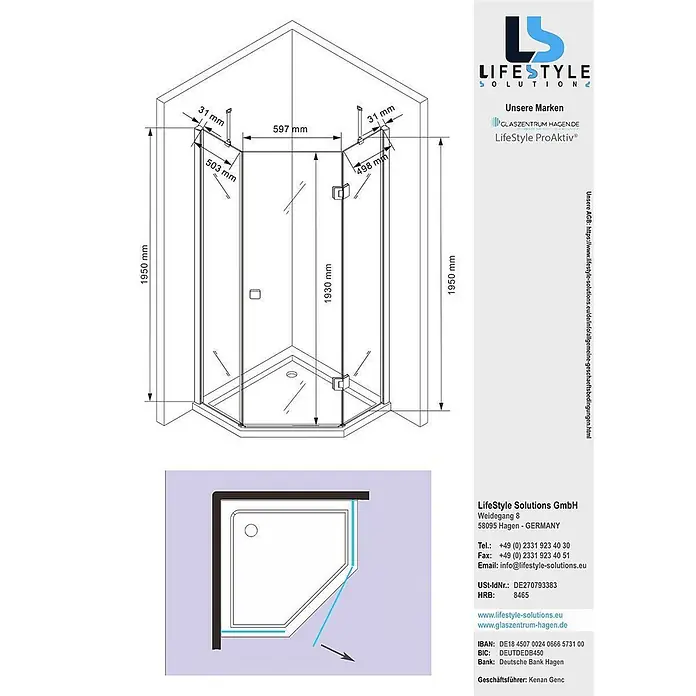 Glaszentrum Hagen Eckdusche 100x100x195 cm Aya 5eck Duschkabine - 100 x 100 x 195 cm, Imprägniert, Farblos, Stärke: 8 mm - Diagramm einer fünfeckigen Duschkabine mit Maßen in Millimetern. Zeigt zwei Flügeltüren und feste Seitenwände.