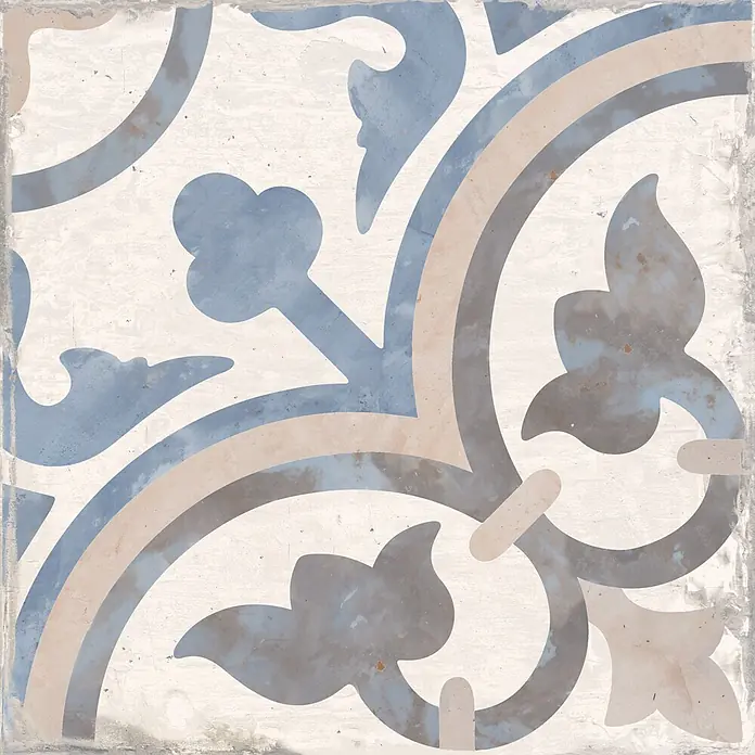 Feinsteinzeugfliese Vichy - 24,8 x 24,8 cm, Flor, Matt - Dekorative Fliese im Encaustic-Look mit blauem, beigem und grauem floralem Muster auf cremefarbenem Grund.