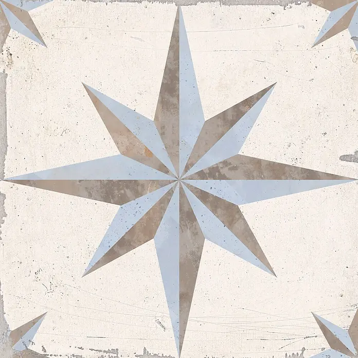 Feinsteinzeugfliese Vichy - 24,8 x 24,8 cm, Sol, Matt - Dekorative quadratische Fliese mit verwittertem Sternmuster in Hellblau- und Beigetönen für Böden oder Wände.