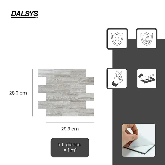 Dalsys Wandfliese 1m² Selbstklebende Fliesen Stein- und Marmor Optik 11 Stück Hellgrau - 29,3 x 28,9 cm, Silber - Graue DALSYS selbstklebende Mosaikfliesen, 28,9x29,3 cm. 11 Stück für 1m², UV-/wasserbeständig, einfache Anbringung/Reinigung.