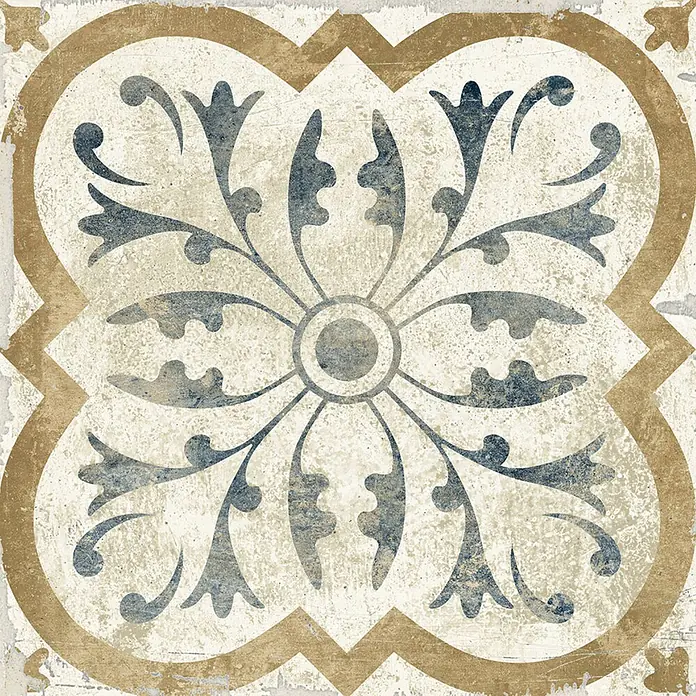 Feinsteinzeugfliese - 24,8 x 24,8 cm, Bouguet, Matt - Dekorative Fliese mit Vintage-Effekt, blaugrauem Blumenmuster und warmbrauner Kleeblatt-Bordüre auf hellem Beige.