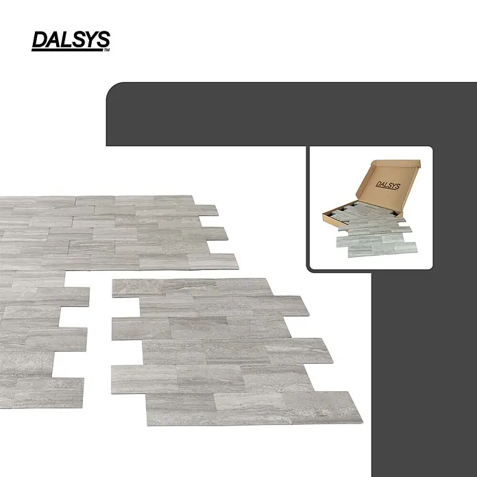Dalsys Wandfliese 1m² Selbstklebende Fliesen Stein- und Marmor Optik 11 Stück Hellgrau - 29,3 x 28,9 cm, Silber - Helle, holzgemaserte DALSYS-Paneele, teilweise verlegt, teilweise im Karton.