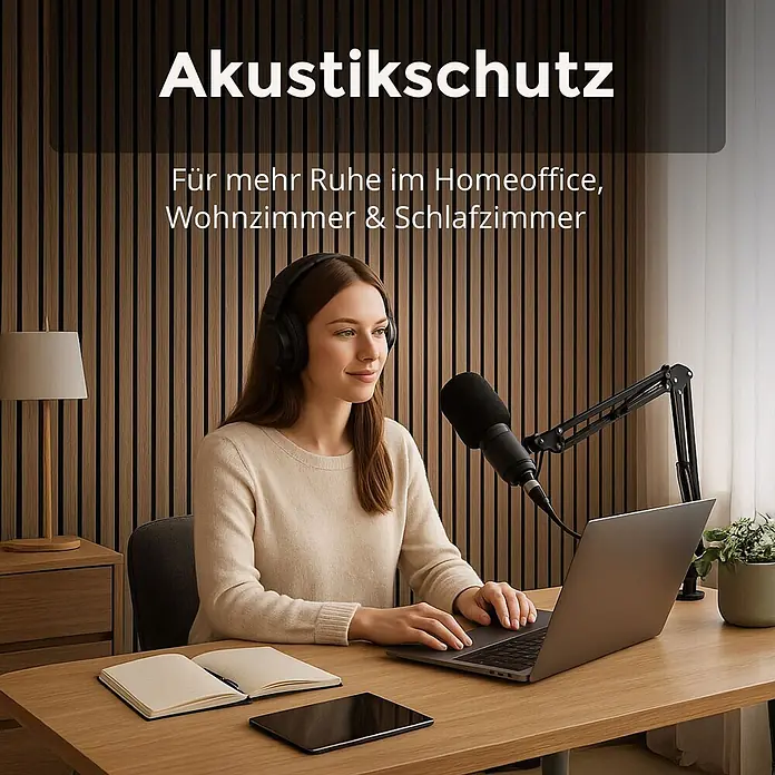 Dalsys Akustikpaneel 4x 60 x 60cm Eiche Hell - Beige - Akustik-Holzlamellenpaneele an der Wand hinter einer Person im Homeoffice, zur Schalldämmung und Konzentration.