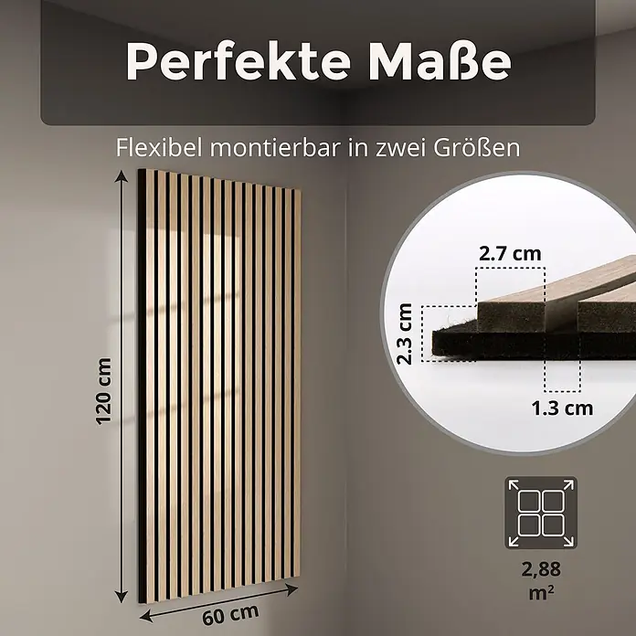 Dalsys Akustikpaneel 4x 120 x 60cm Eiche Hell - Beige - Akustikwandpaneel aus Holzlamellen auf Filz, 120x60 cm, 2,3 cm dick.