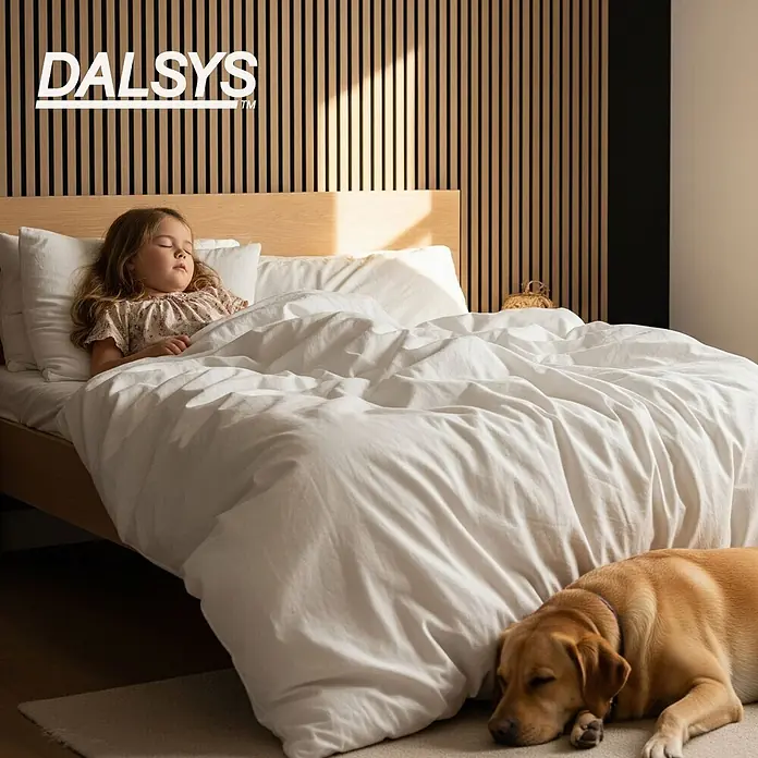 Dalsys Akustikpaneel 4x 60 x 60cm Eiche Hell - Beige - Weiße Bettwäsche auf einem Bett, mit einem Kind unter einer flauschigen Decke und einem Hund daneben schlafend.